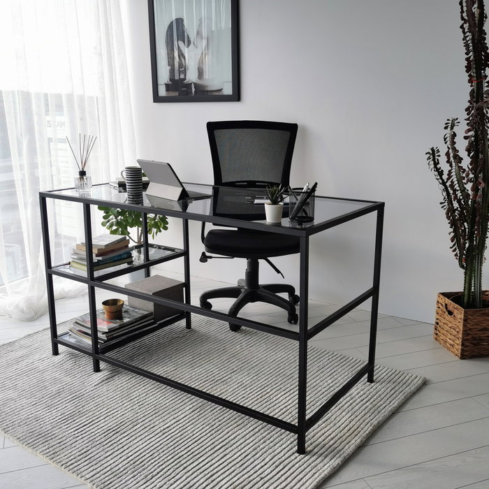 Hanah Home Mesa de Estudio M101F 130x60cm, Cristal Templado y Metal, Diseño Moderno e Industrial